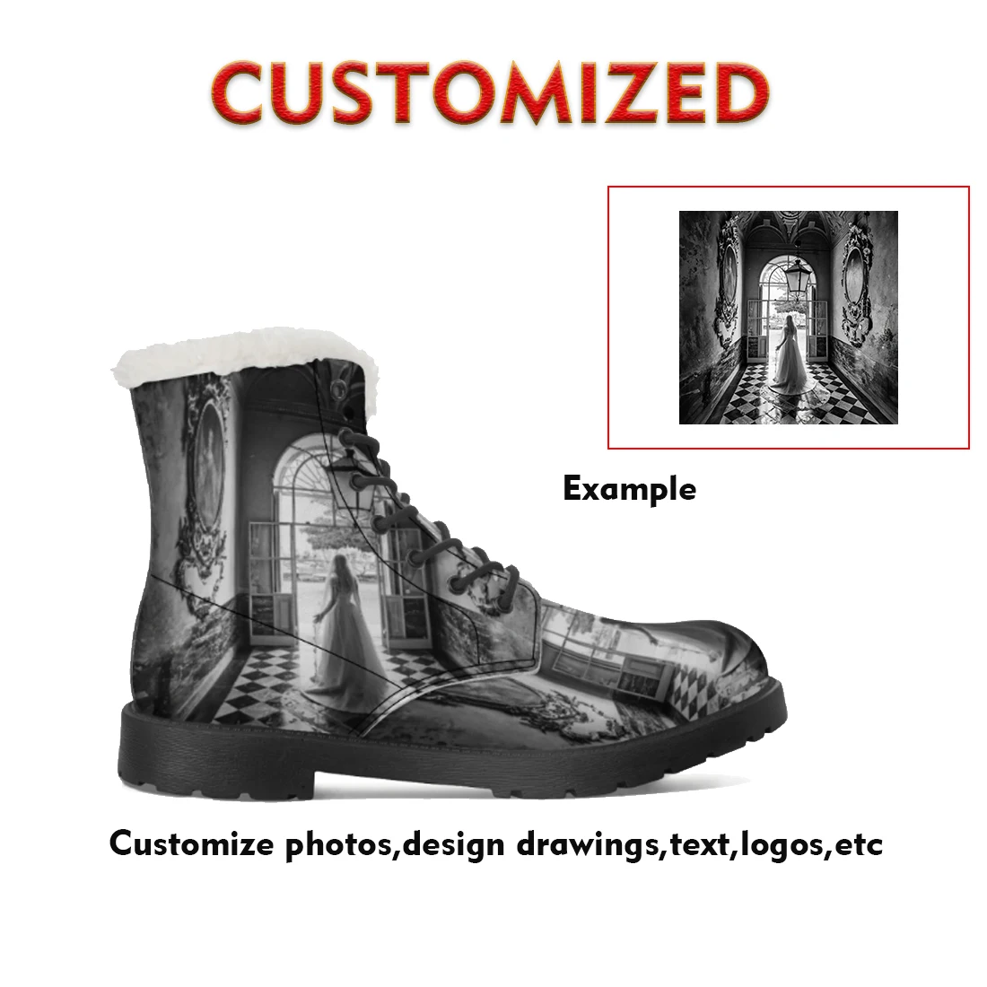 

Customizable images text logos Black casual boots Suitable for couples friends events and corporate customization winter boots