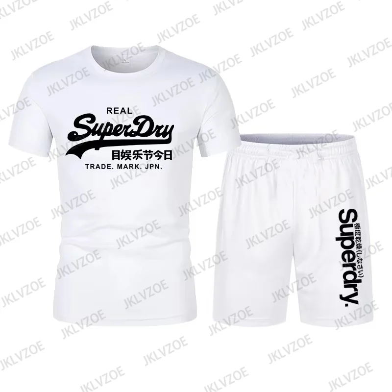 Superdry Letter Tshirt Set Summer Casual Cotton Breathable Men Women Sports Set Short Sleeve Tshirt Pants 2-piece Set Streetwear