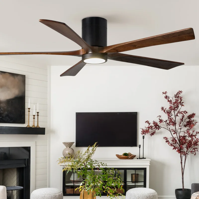 52 Inch 5 Plywood Blades Flush Mount Led Ceiling Light Fan With Remote Control 6 Gears Adjustable Wind Speed for Living Room