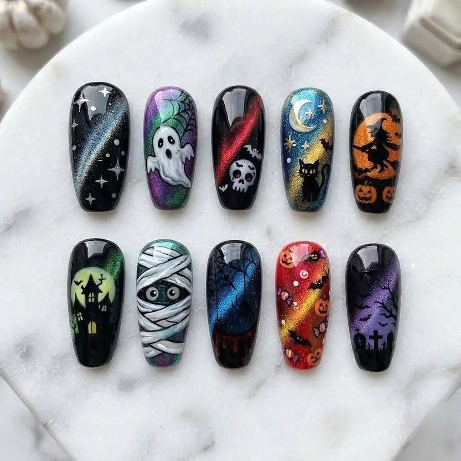 Hard And Durable Nails,Cosmic Cat Eye Halloween Press On Nails, Galaxy Spooky Magic Fake Nails, Witchy Cat And Ghost Nail Art Set, Luxury Alternative False Nails,Halloween Nails, Christmas Nails, Thanksgiving Nails, Fall Nails, Common In 899 Areas