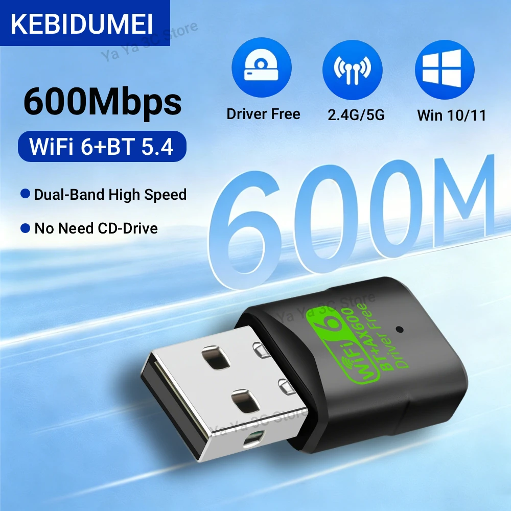 KEBIDUMEI Bluetooth 5.4 AX600 Wifi 6 Adapter USB WIFI 6 Dongle Network Card 2.4/5G Wi-Fi Lan Adapter Driver Free for PC Laptop