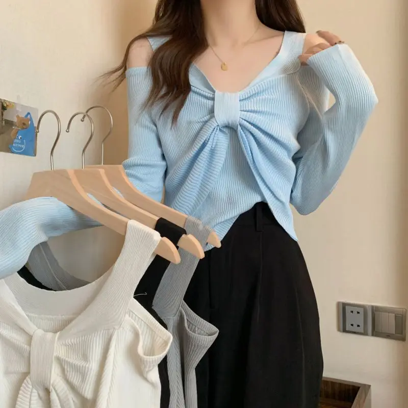 New French Off Shoulder Pleated Bow Long Sleeved Sun Resistant Knitted Women's Western-style Top