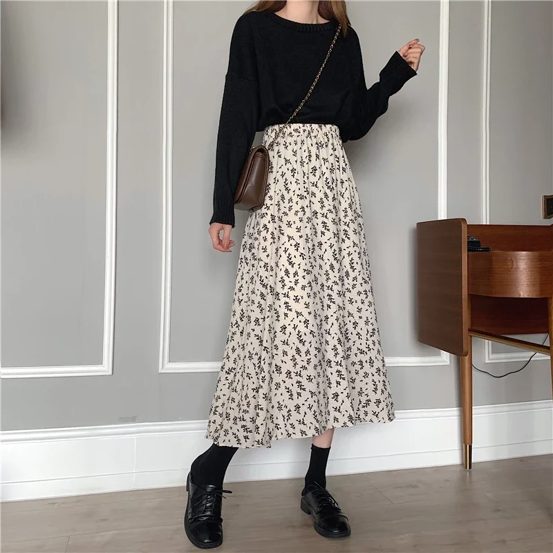 2024 Korean Skirt Streetwear Drawstring Elastic Waist Midi Skirt Vintage Floral Print A-line Pleated Long Skirts Summer Women