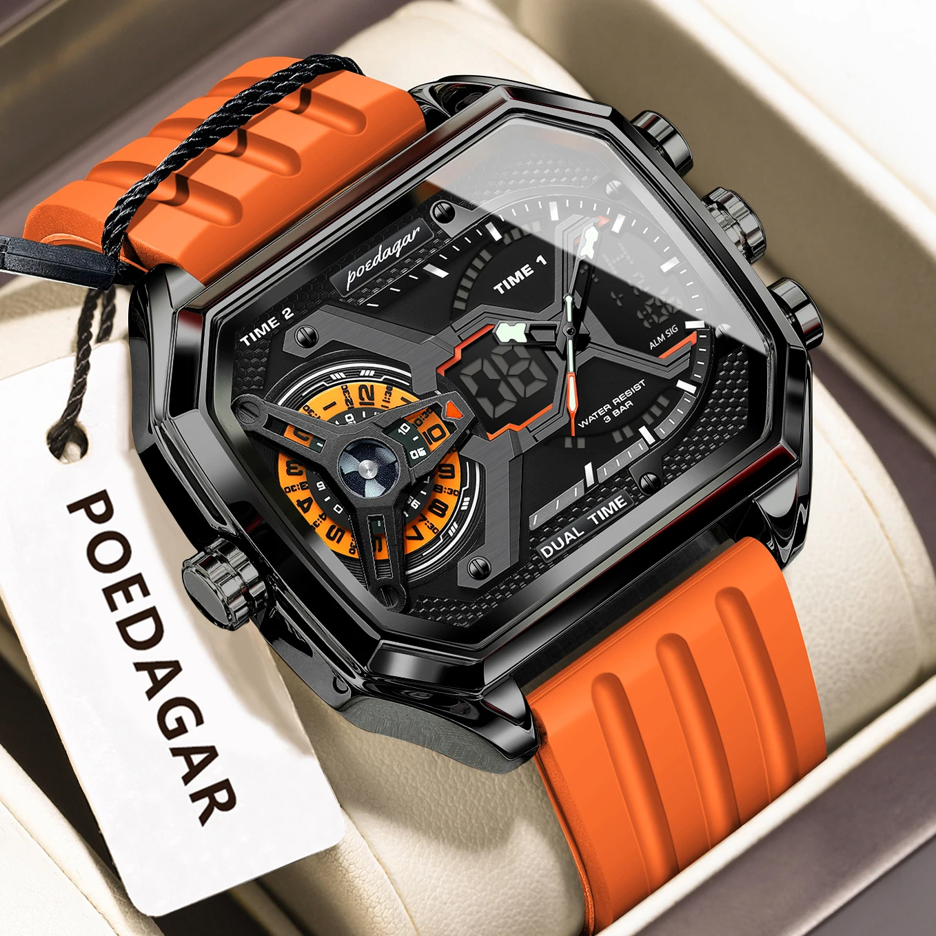 POEDAGAR Sports Men Wristwatch Date Week Chronograph Luminous LED Man Clock Silicone Strap Electronic Men's Quartz Watches Reloj