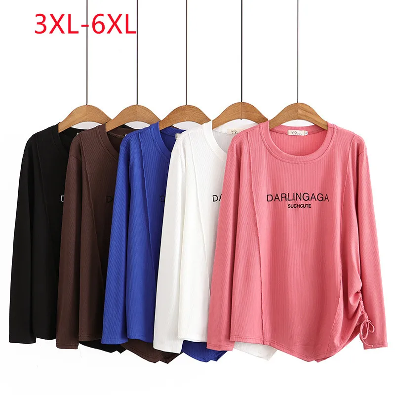 

New 2023 Ladies Spring Summer Plus Size Tops For Women Large Size Long Sleeve O-neck Blouse Pink T-shirt 3XL 4XL 5XL 6XL