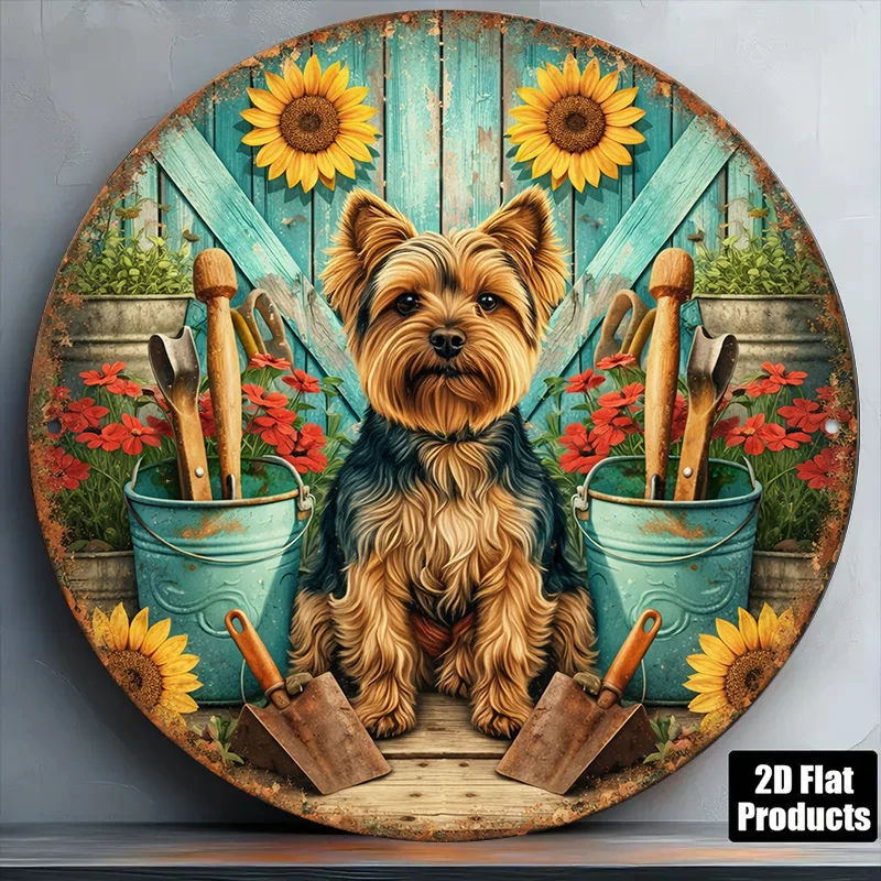 1pc 8*8In/20X20Cm 2D Flat Round Sign, Vintage Plaque about Yorkshire Terriers, Cute Dog Decorative Sign, Suitable for Garden Dec