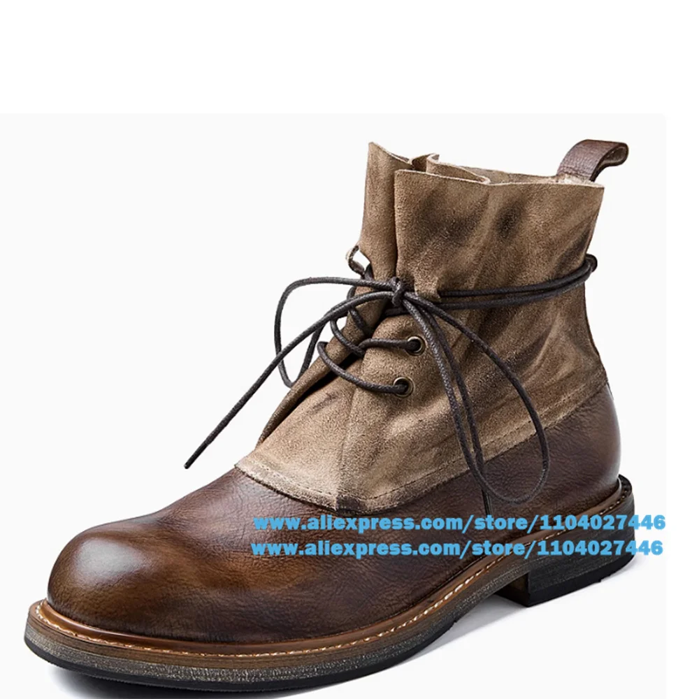 Retro Versatile Stitching Men's Boots High-Top Lace-up Work Booties Designer Round Toe Luxury Booties Large Size