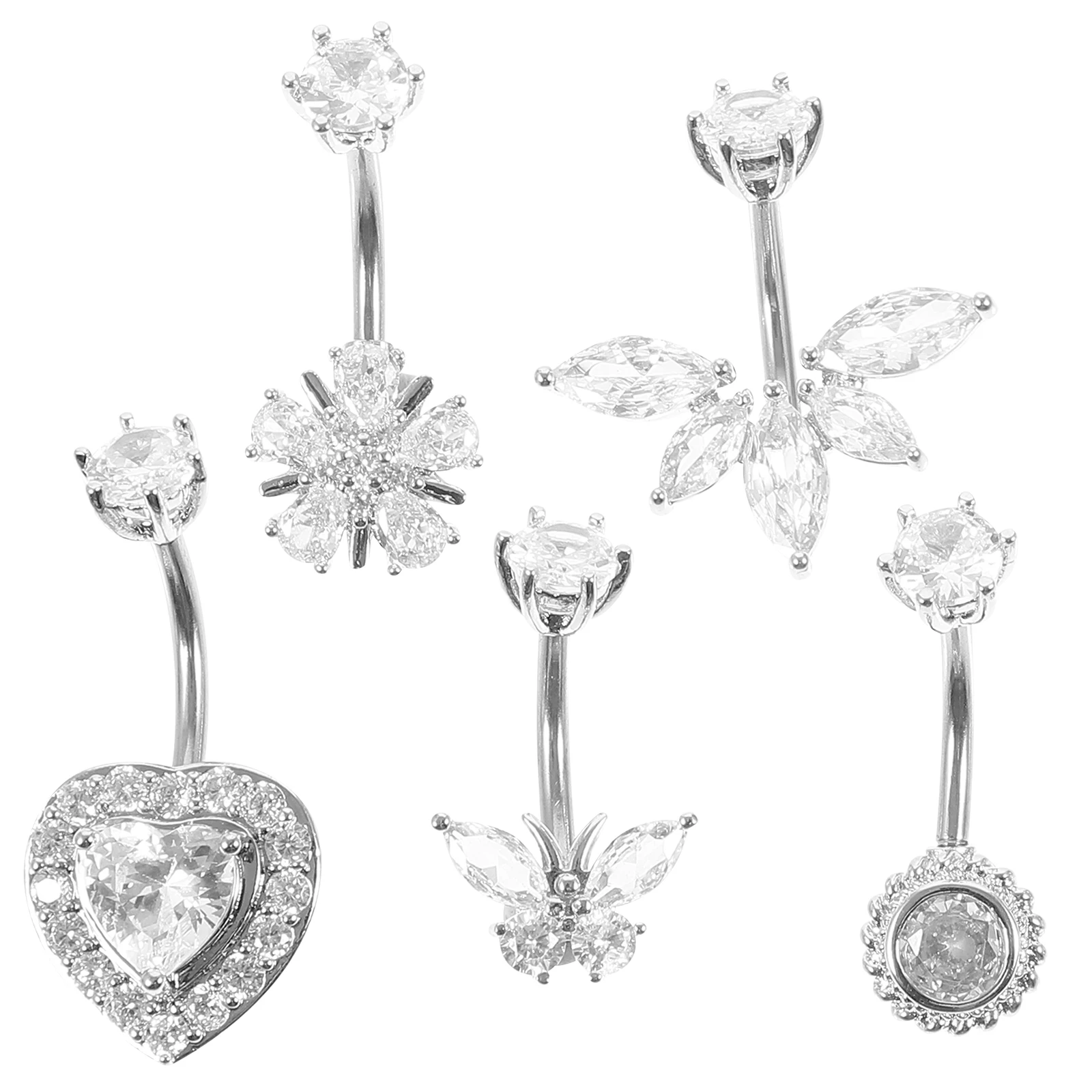

5pcs Zircon Belly Button Rings Stainless Steel Navel Piercing Jewelry Heart Butterfly Flower Dangle Elegant Style