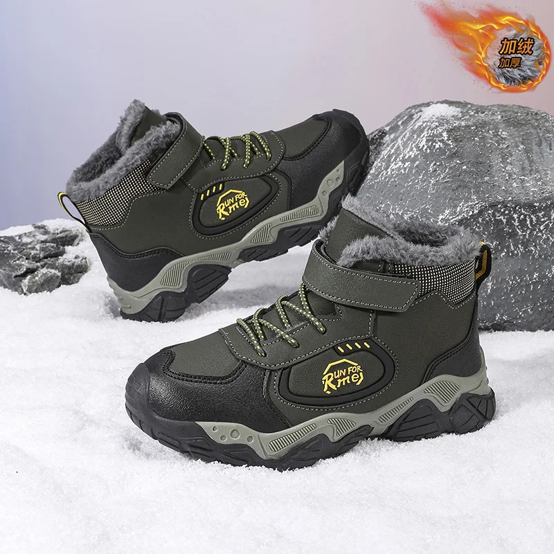 

Теплая детская обувь, коллекция 2026, зимняя мода, противоскользящая сенсорная застежка, походная обувь для мальчиков, универсальные кожаные детские кроссовки на открытом воздухе