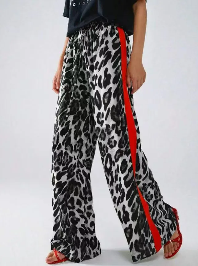 Leopard Print Wide Leg Floor Length Pants Drawstring Elastic Waist Contrast Red Side Stripes Casual Trousers with Side Pockets