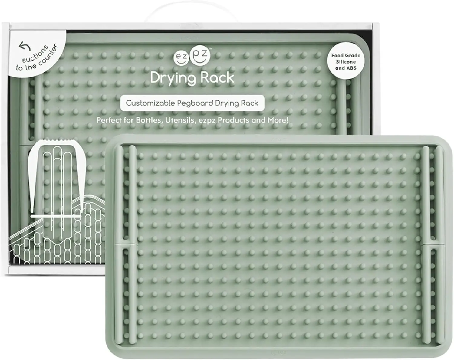 

Drying Rack (Sage) - Silicone Dish Drying Rack with Suction Base - Adjustable Pegs - Odor-Resistant - Dry + Store Baby/