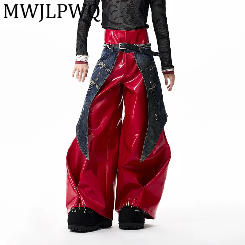 

MWJLPWQ Denim Patchwork Red Leather Trousers For Men High Street Double Waistband Design Jeans 2025 Autumn Wide-Leg Pants 12128