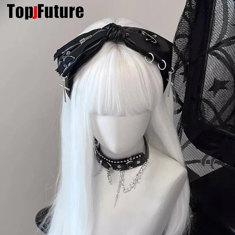 Gotycka kokardka skórzana Harajuku Punk Zipper Pin opaski na głowę kobiety subkultura Streetwear opaska do włosów Y2K dziewczyna nakrycie głowy akcesoria do włosów