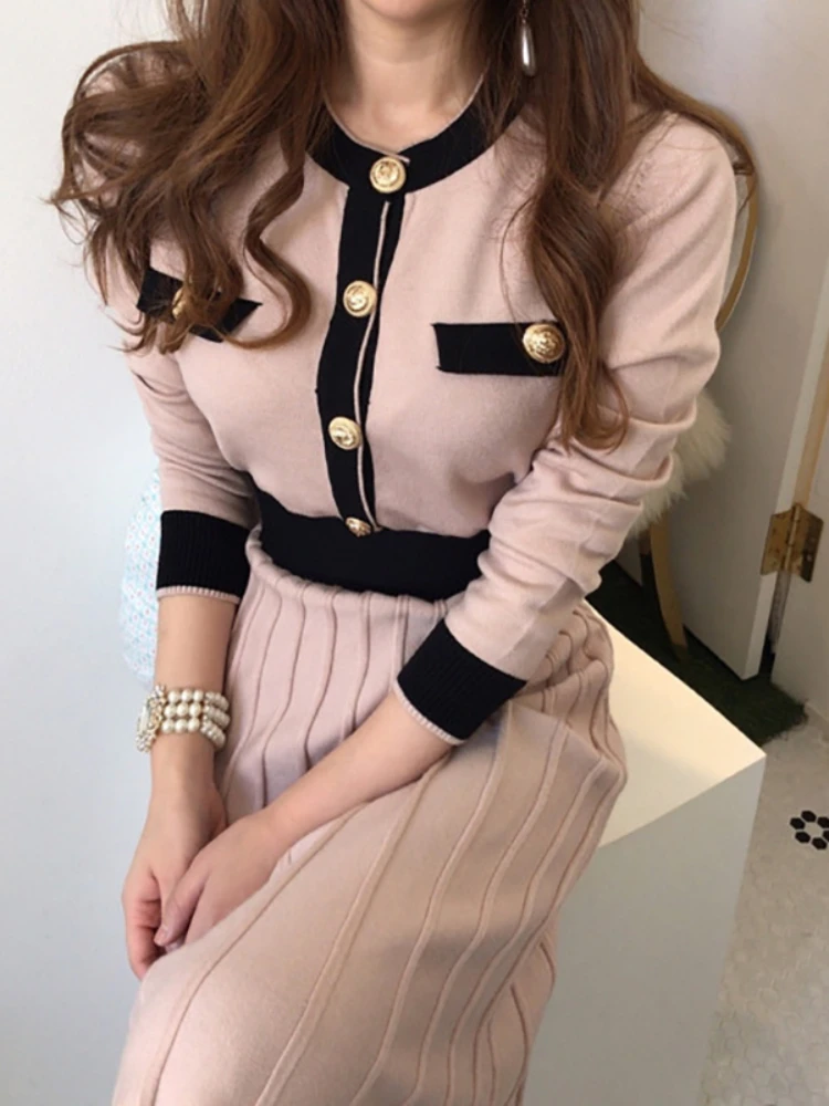 2023 Autumn Korean Knitted Women Long Pleated Dress Women Long Sleeve Single-breasted A-line Dresses Elegant Ladies Vestidos