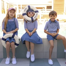 AP SS26 blue denim collection kids boys girls spring summer fashion jeans pleated skirt jumper shirt family clothing clothes