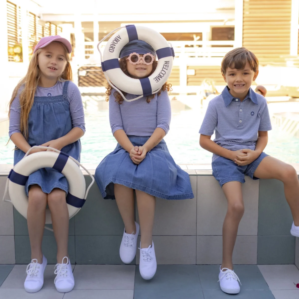AP SS26 blue denim collection kids boys girls spring summer fashion jeans pleated skirt jumper shirt family clothing clothes