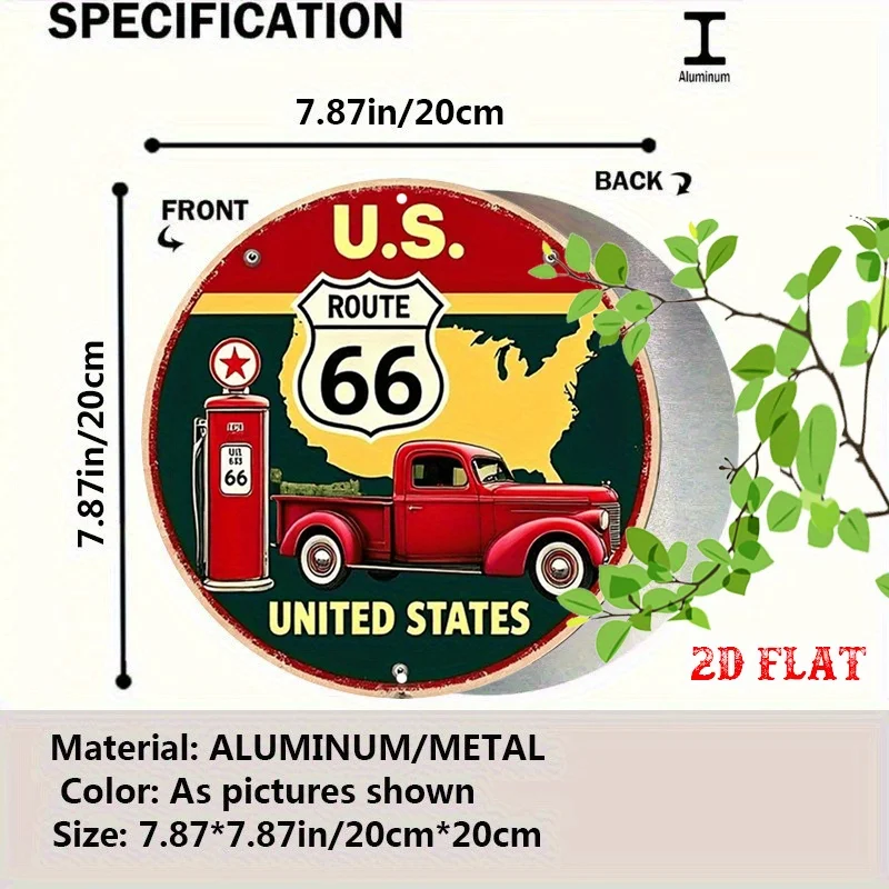 2D Flat, 1pc Vintage Route 66 Gas Pump Metal Tin Sign - Retro Car & Gas Station Wall Decor, 19.81x19.81 cm Round Aluminum Sign w