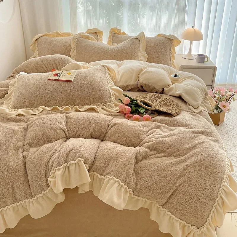 2024 teddy fleece winter new French milk fleece edging lace bed four-piece set