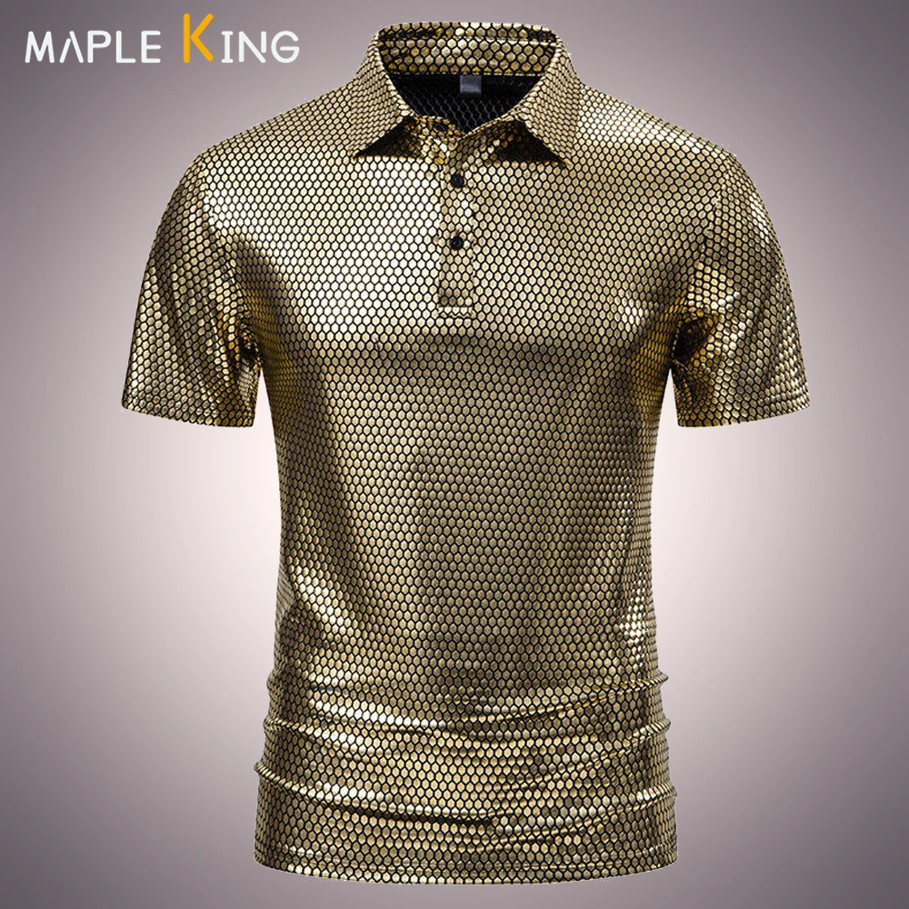 

Glossy Polos Mens Tee-shirt Homme 2025 Steampunk Honeycomb Gold Bronzing Print Party Stage Dress Polo Shirts Mens Camisetas Tops