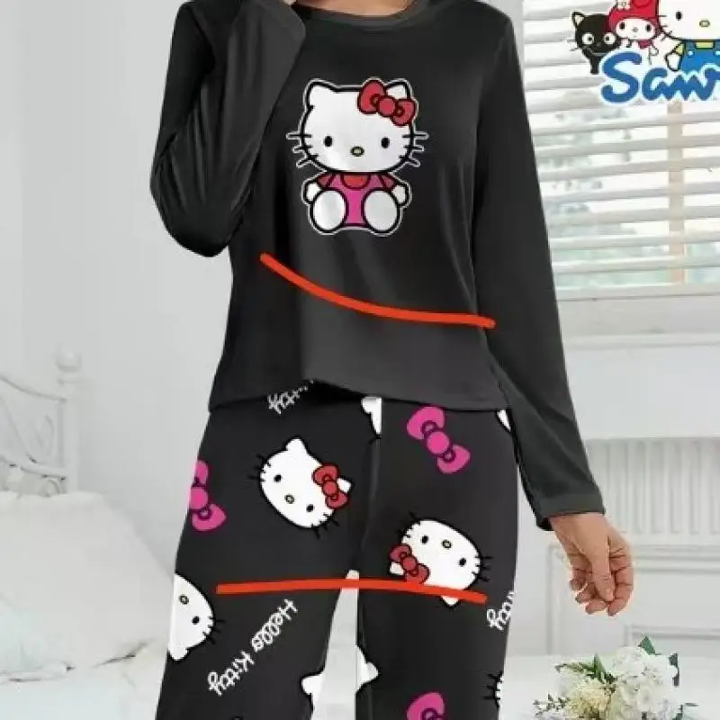 카와이 헬로 키티 만화 얇은 긴팔 잠옷 세트 여성 여름 애니메이션 Sanrio Girly Heart 귀여운 반팔 잠옷 세트