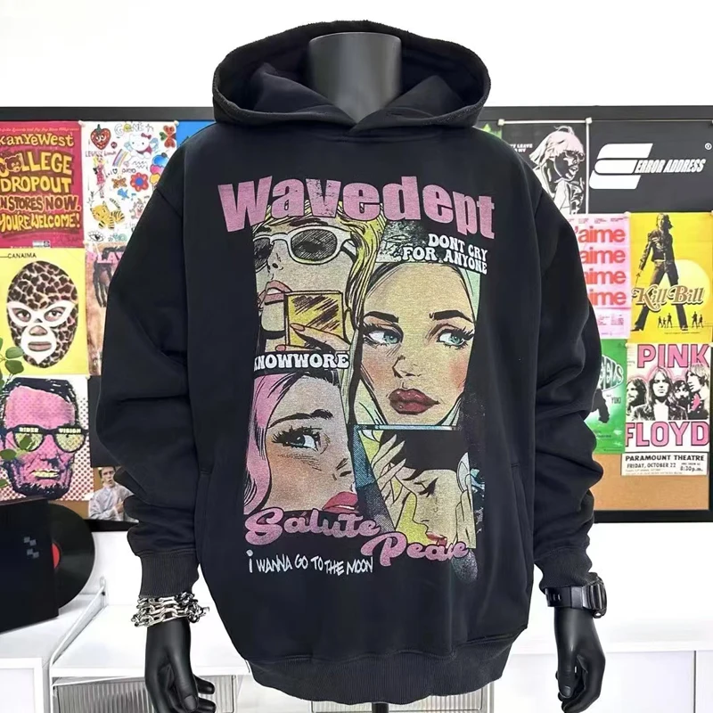 

American Streetwear Cartoon Lady Portrait Comics Print Washed Do Old Hoodies Men Women Red Black Sweatshirts Oversize