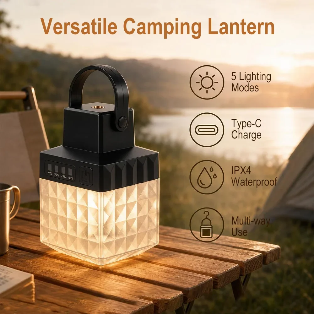 BORUiT 5 Modes LED Tent Lamp Portable Camping Light Type C Charging Waterproof Emergency Warning Light for Outdoor Camping