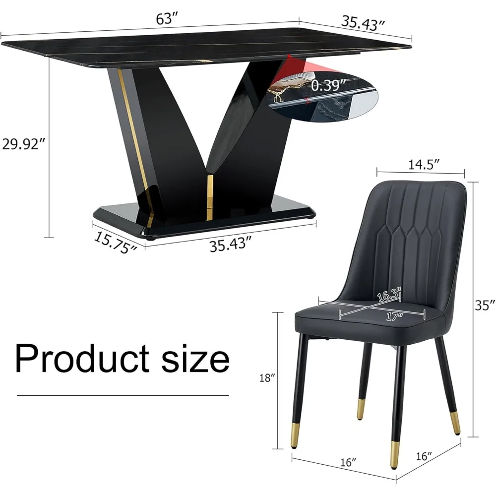 طقم طاولة طعام رخامية، طاولة طعام حديثة مع طاولة غرفة طعام بقاعدة MDF و4 كراسي بأرجل معدنية منجدة، مجموعات غرفة الطعام