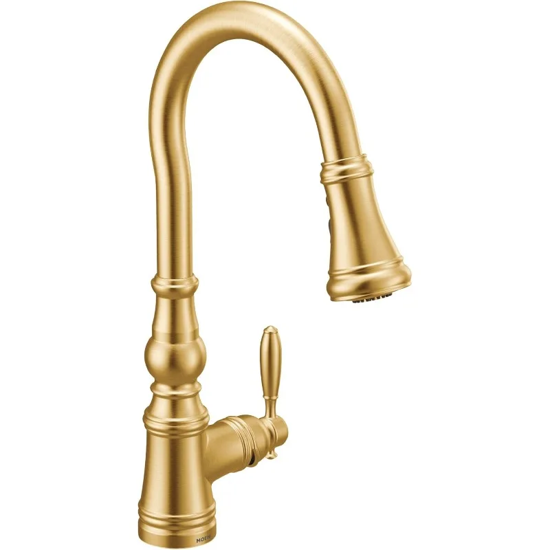 

Weymouth Brushed Gold Traditional Shepherd's Kitchen Faucet Featuring Pull Down Spray Head with Power Boost, S73004BG