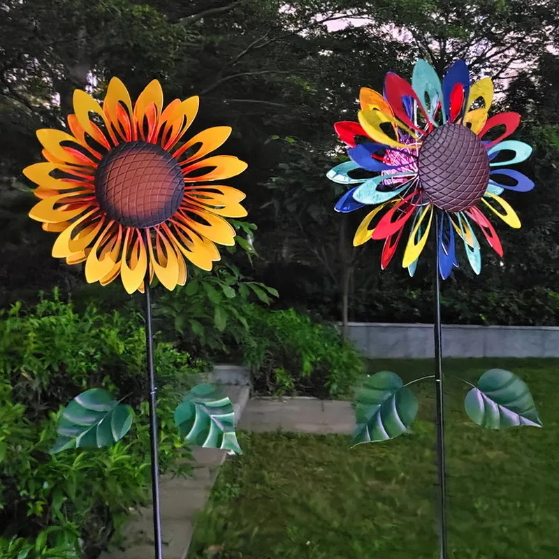 ديكور شرفة الحديقة على الوجهين، ضوء الحديقة الدوارة في الهواء الطلق، طاحونة هوائية من الحديد المطاوع، زخرفة أرضية عباد الشمس