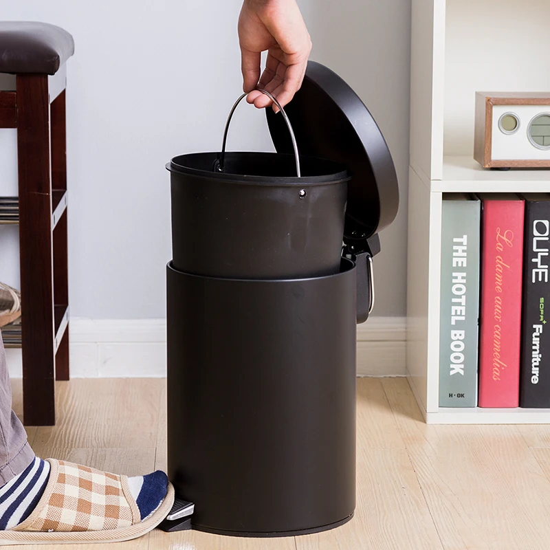 Black 7L Hotel Bathroom Dust Bin and Kitchen Household Metal Waterproof Garbage Foot Pedal Trash Can