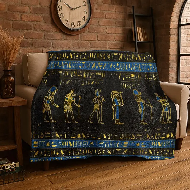 Retro Egyptian Mural Hieroglyphics Symbol Flannel Blanket Soft Warm Throw Blanket for Bedroom Living Room Bed Travel Picnic Gift