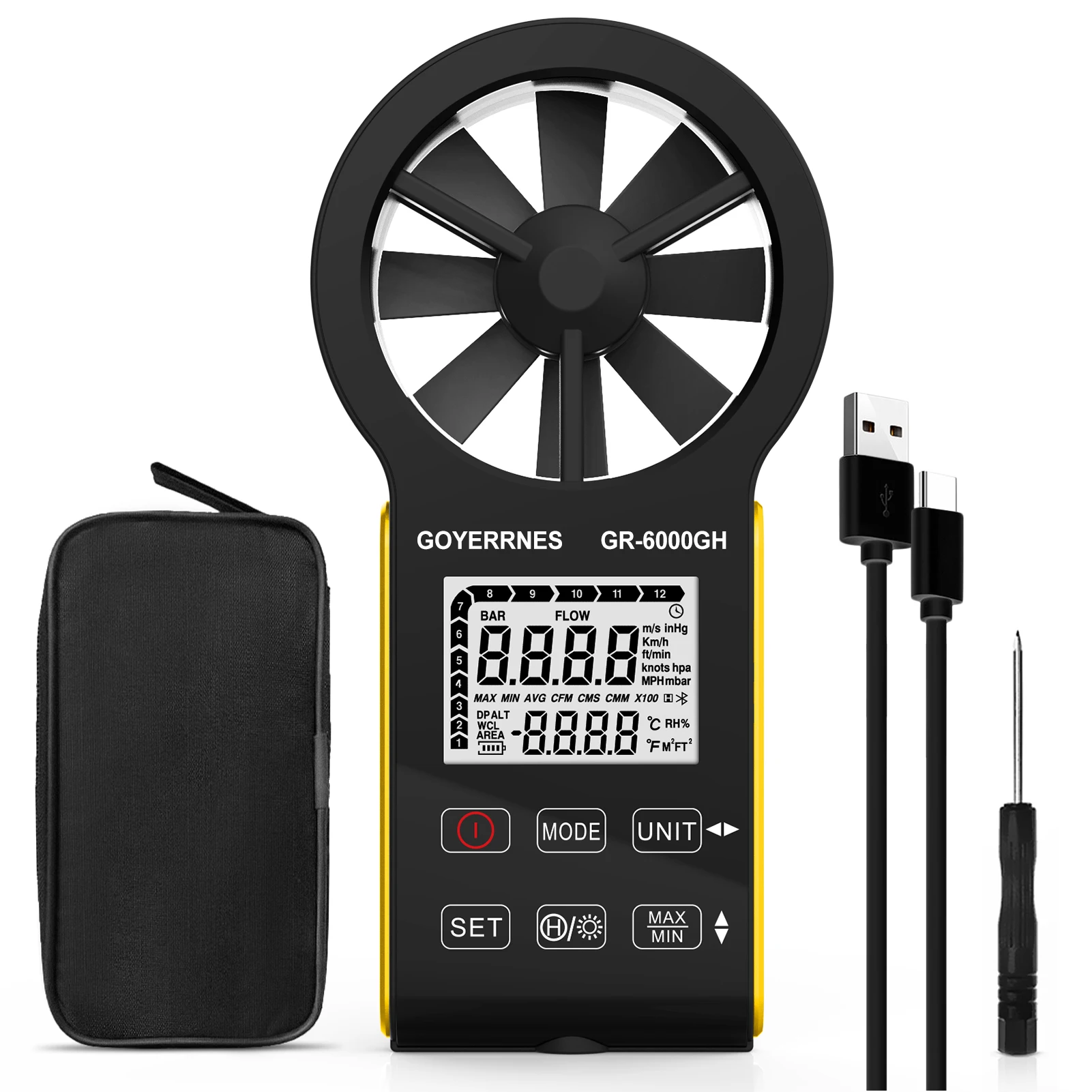 

Digital Anemometer with Temperature & Airflow Measurement, Backlight, MAX/MIN, Type-C Charging, IP67 Waterproof for HVAC/Drones