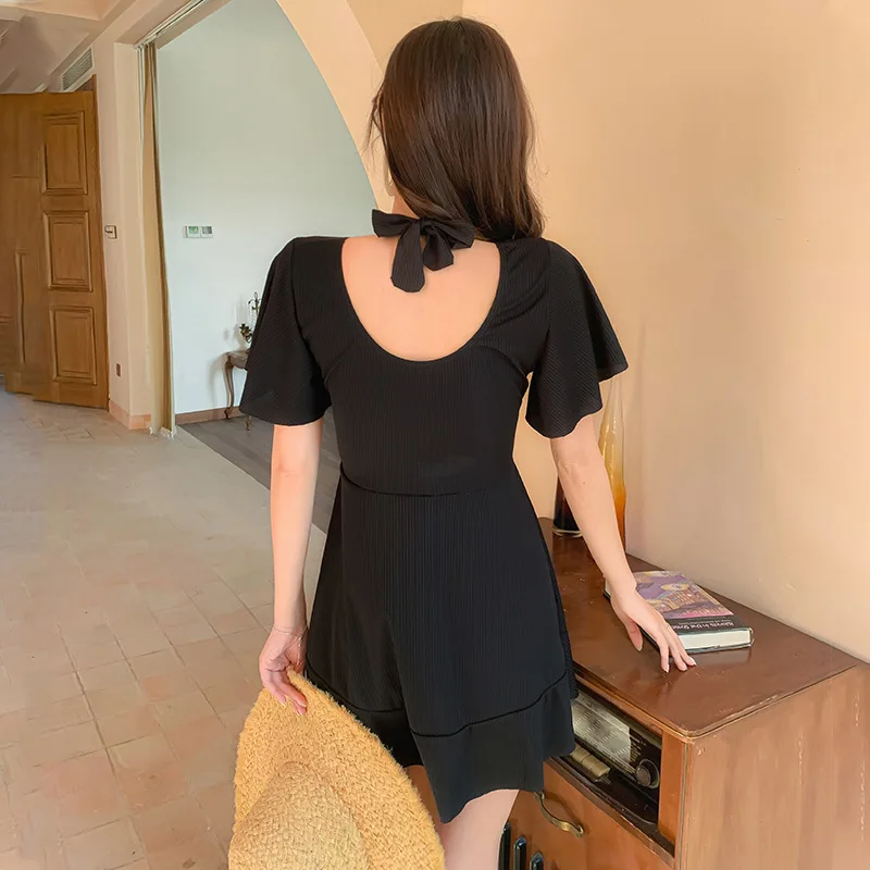 Women's Ribbed Halter Off-Shoulder Swim Dress, Tummy Control One-Piece Bathing Suit, Ruffle Hem Backless Swimwear for Beach Pool
