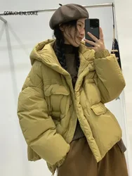 Women's Long Sleeved Loose Hooded Coats, Monochromatic Parkas, Winter Jacket, Korean Style Fashion, Autumn Clothing, New, 2024