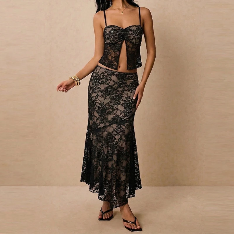 

Sexy Off Shoulder Split Top & Fishtail Skirt Set Women Elegant Lace Embroidery Solid Skirt Outfits Fashion Hight Waist 2Pc Suits