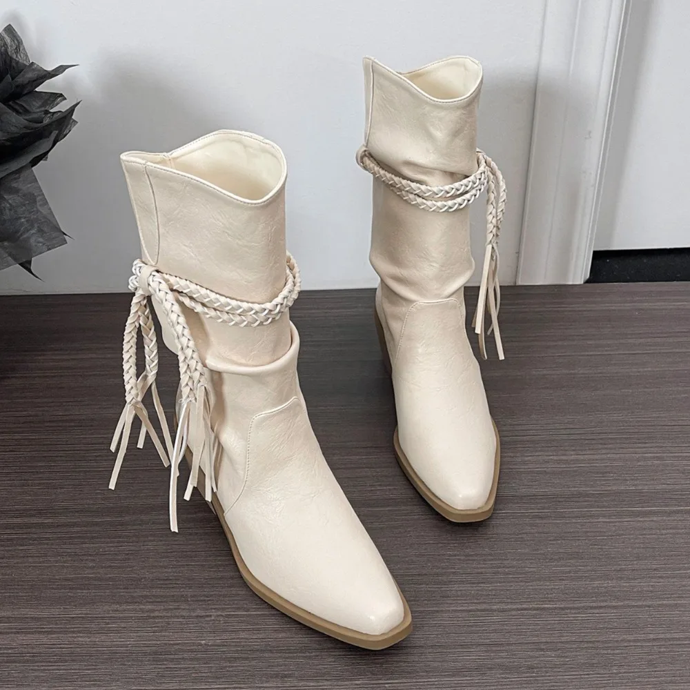 المرأة الخريف الأحذية البيج الرجعية مهدب الأحذية النسائية الربيع والخريف أنبوب البراري وأشار كعب سميك أحذية بوت قصيرة للمرأة #2