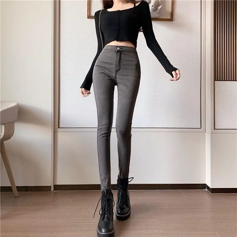 

High Waist Slim Fit Ladies' Elastic Thin Jeans Capri Pants Cotton Stretch Denim Slimming Effect Nine-Tenths Length Pencil Pants