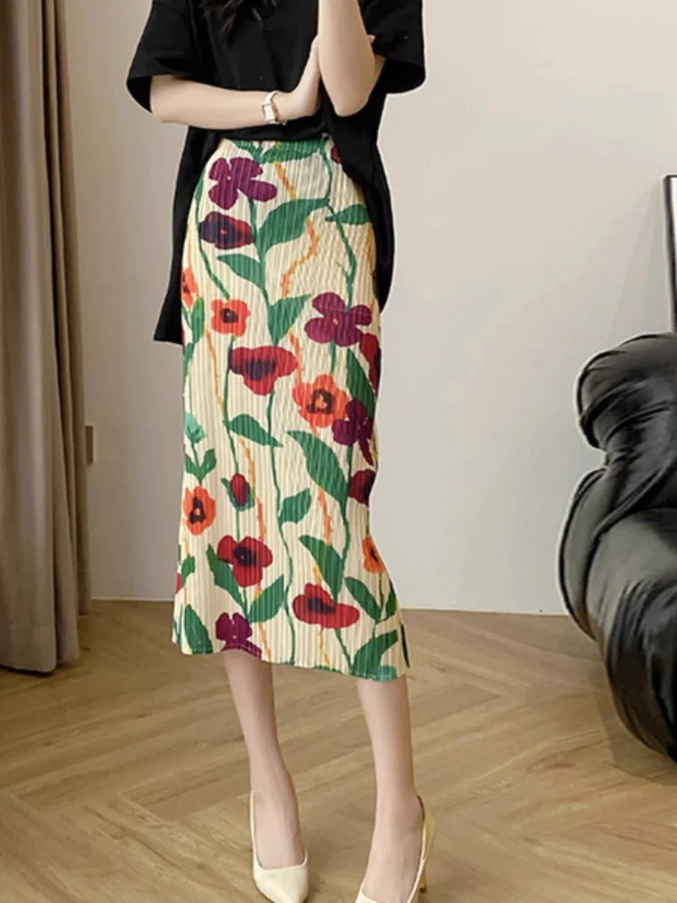 Casual Handmade Pleated  Skirt Versatile Slimming Summer New Style High Waist Polyester Fiber Elastic Straight Cut Skirt