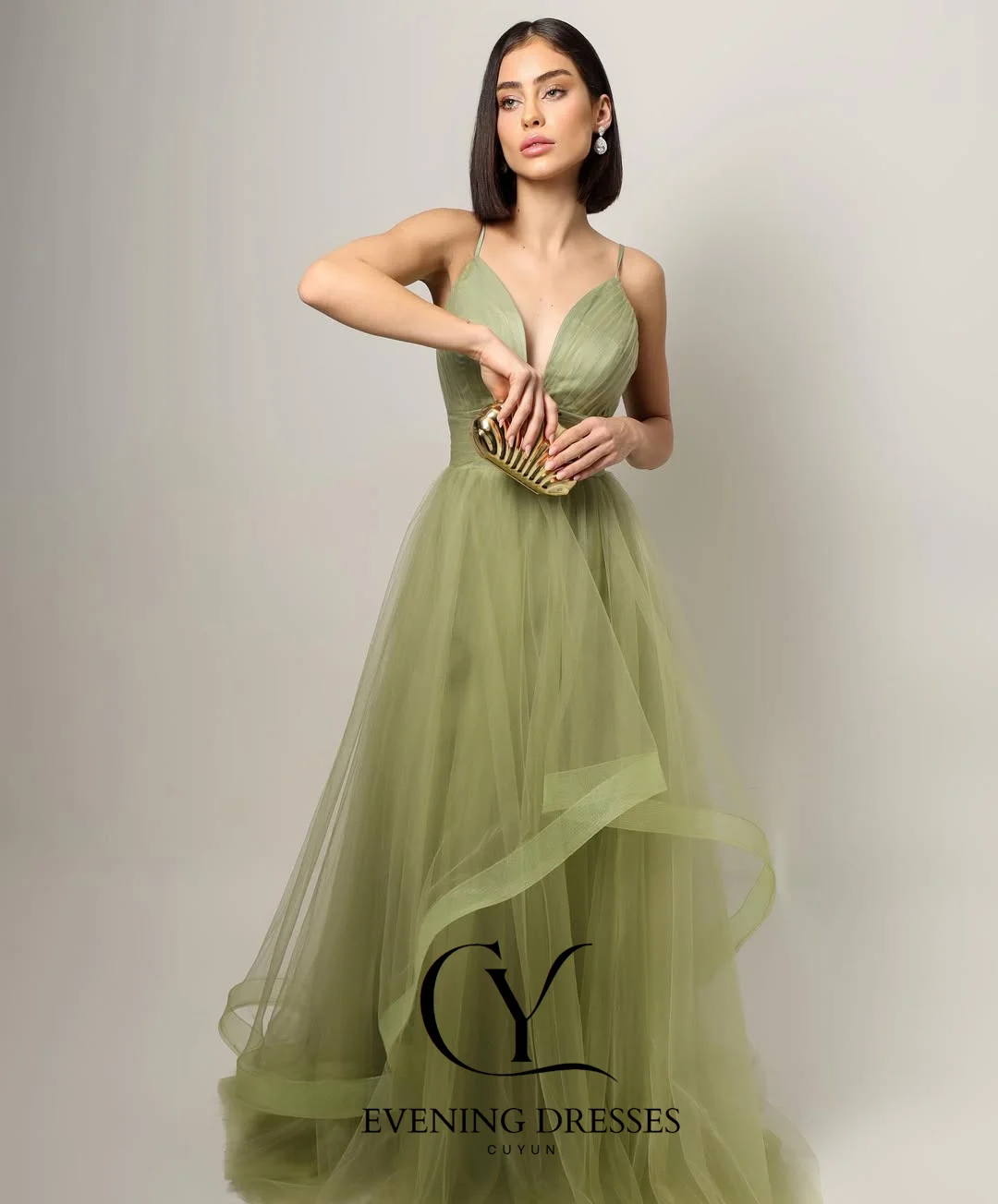 CUYUN Sage-vestidos elegantes de graduación con tirantes finos para mujer, vestidos de noche de tul suave con cuello en V personalizados, vestido de fiesta 2026