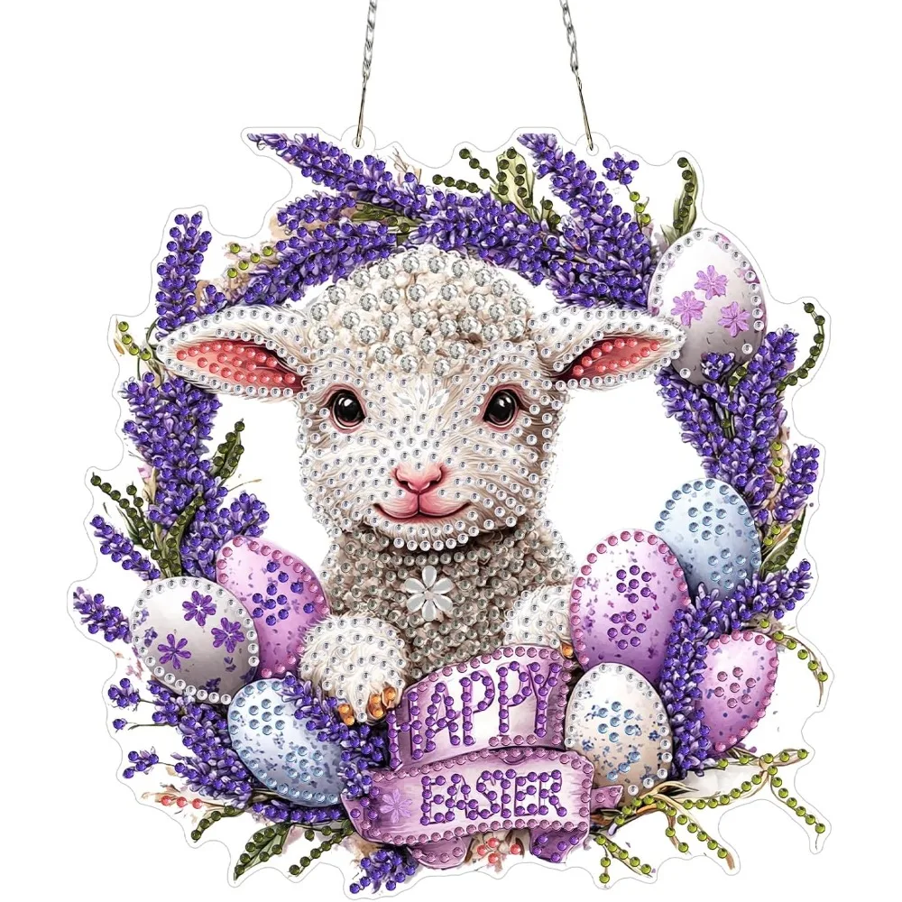 Easter DIY Diamond Painting Kit for Adults Special Shaped Lamb Rhinestone Art with Pendant Window Hanging Ornaments Home Garden Wall Door Spring Holiday Decorations Complete Craft Set with Diamonds Tools Sparkling