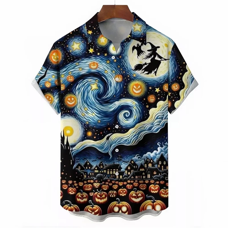 Halloween Theme 3D Printed Shirt Men's Clothes Witch Castles Pumpkin Lantern Design Shirts Night Streetwear Short Sleeves Blouse