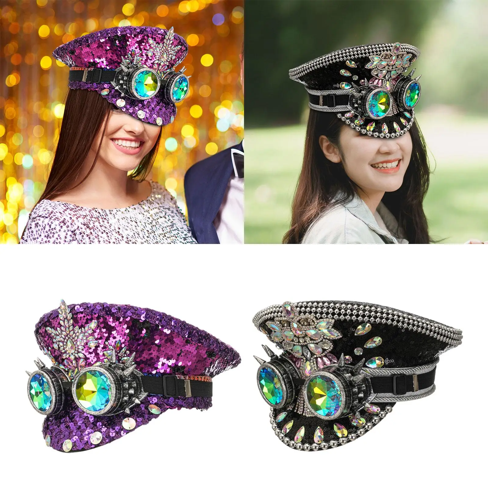 Rhinestone Hat Headwear Headpiece Sparkly Women Steampunk Party Hat Gothic Cap