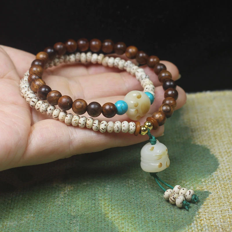

Black Rosewood 6mm Star Moon Bodhi Bead Double Circle Bracelet with Cat Pendant for Women, Forest Style Buddhist Prayer Beads