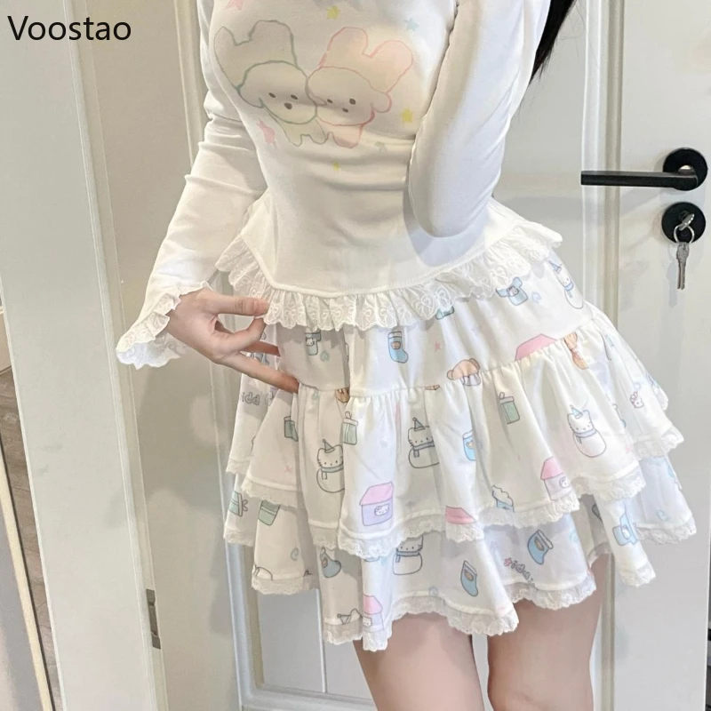 Japanese Kawaii Cartoon Print Lolita Mini Skirt Women Casual Lace Ruffles Y2k Cake Skirts Girls Sweet Elastic Waist Short Skirt