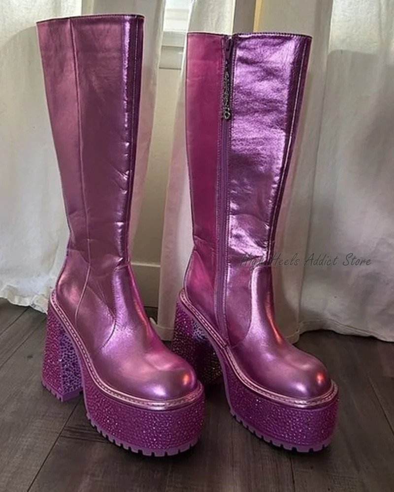 Pink Metallic Knee High Rhinestone Platform Boots Women Block Heel Zip Leather Boots Luxury Designer Big Size Lolita Cute Shoes