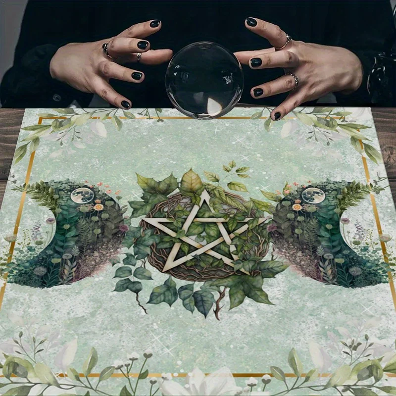 

VIKAMA Divination Tarot Mat Green Leaves and Moon Pattern Altar Cloth Astrology Decorative Tablecloth