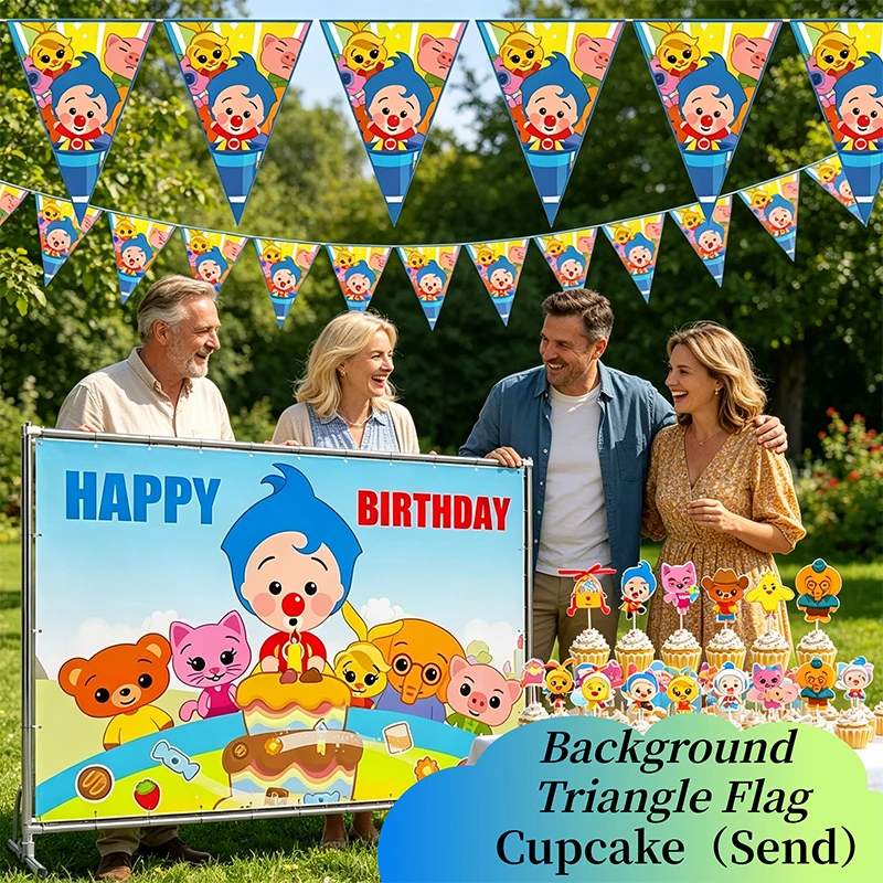 Décorations de fête d'anniversaire sur le thème du clown Plim : Bannière triangulaire, combinaison de cupcakes, cadeaux colorés à suspendre
