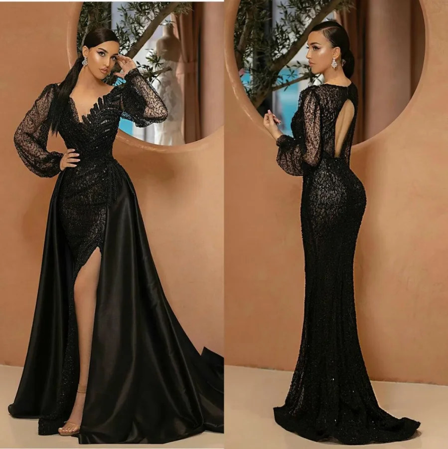 2021 Arabic Black Mermaid Evening Dresses with Detachable Train V Neck Lace Sequins Prom Dress Long Sleeves Custom Made Luxury R