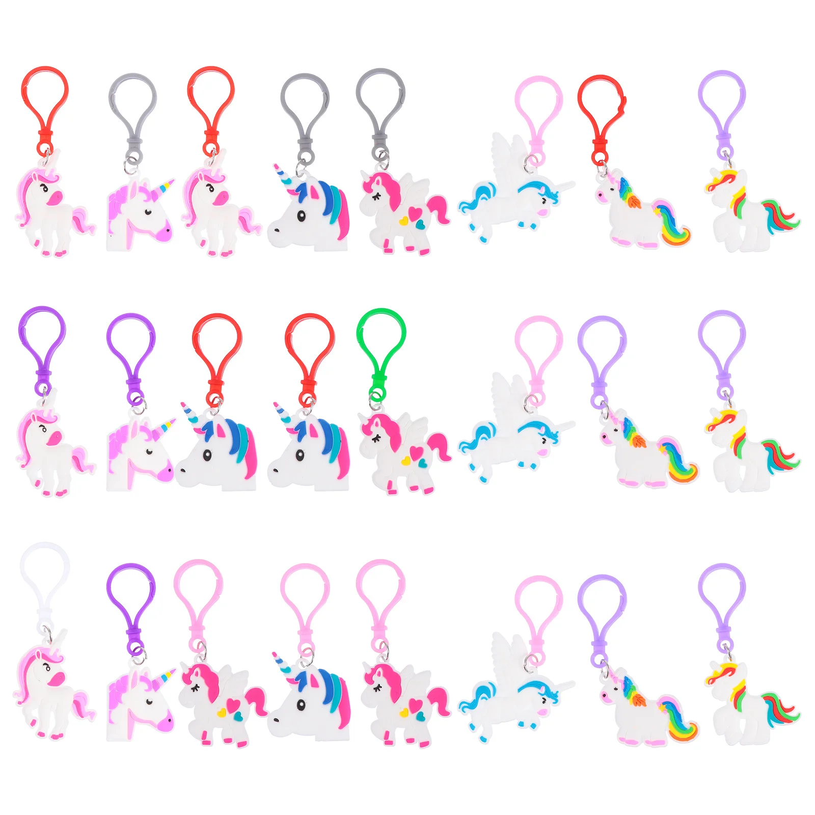 24 قطعة سلاسل المفاتيح يونيكورن الملونة الكرتون حلقات المفاتيح حقيبة معلقة الملحقات مفتاح حامل المعلقات قلادة يونيكورن