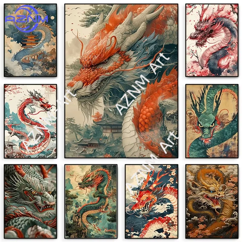 1PCChinese Dragon Poster Japanese Sakura Dragons Ukiyo-e Inspired Canvas Painting Print Asian Wall Art Picture for Room Home Dec